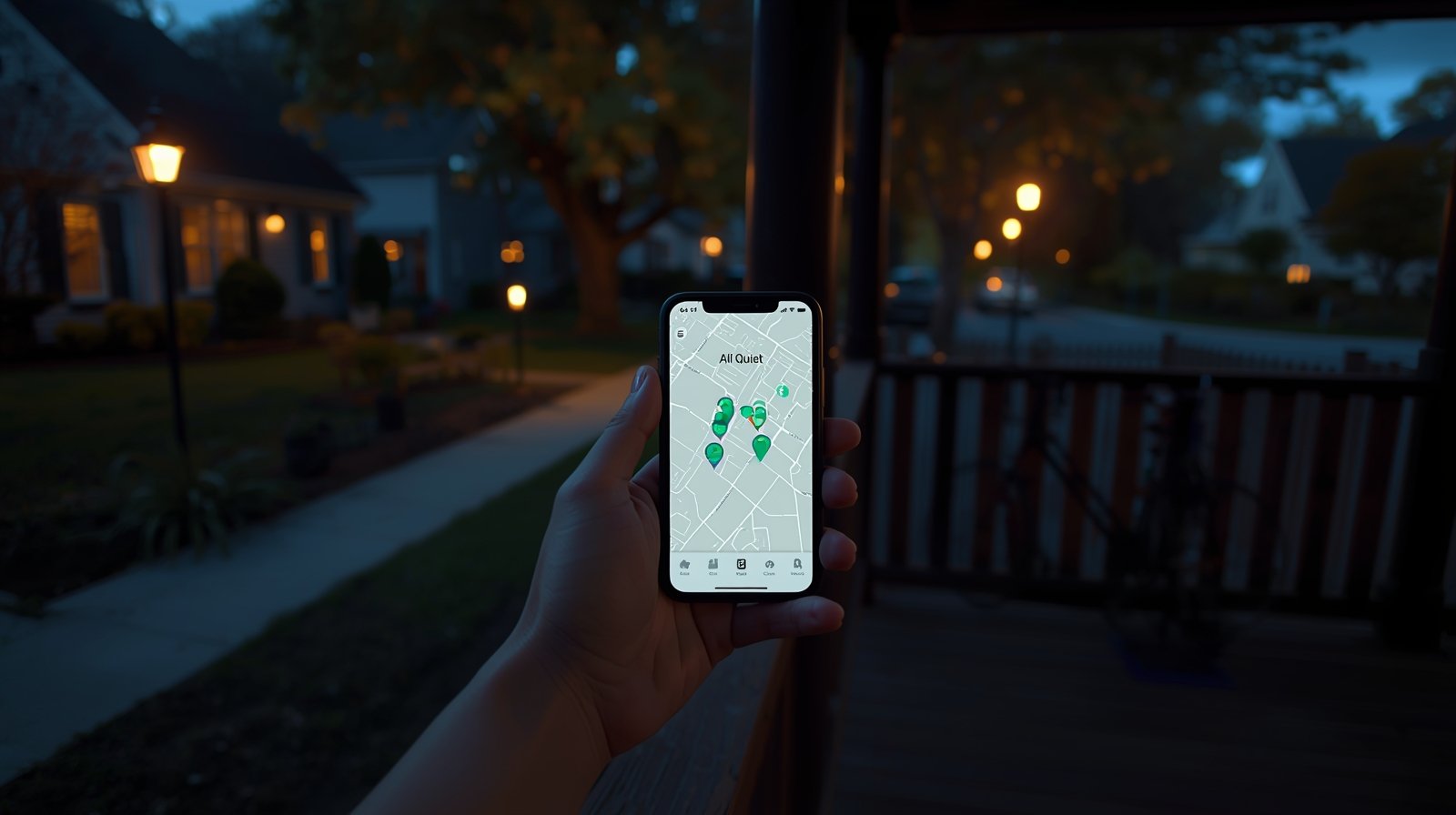 Smartphone displaying a neighborhood safety app with crime map on a cozy residential street at dusk.