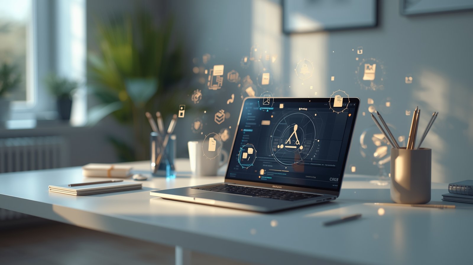 Realistic digital workspace showcasing symbolic productivity tools for the IncrediTools 2025 guide.